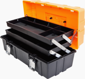 Caja de herramientas portátil 3 niveles en negro y naranja