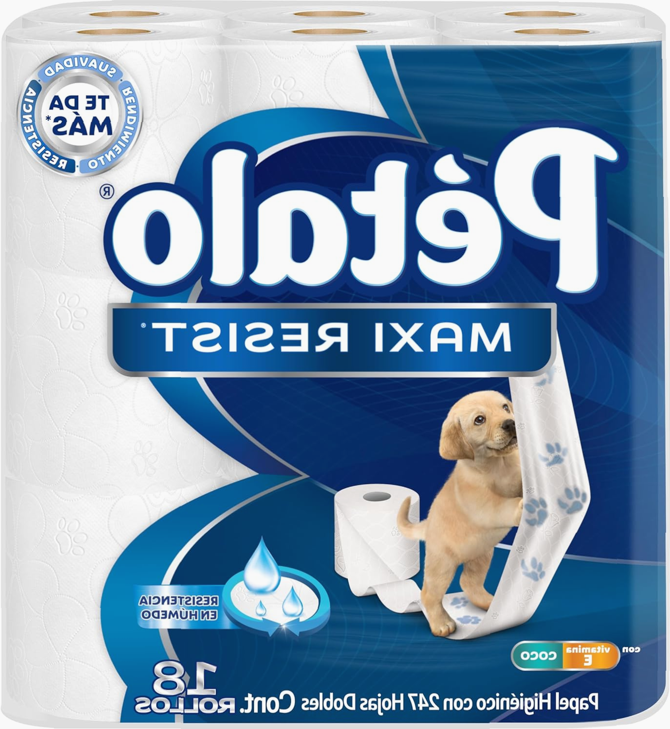 Papel Higiénico Pétalo Maxi Resist, 18 rollos con Vitamina E y Coco